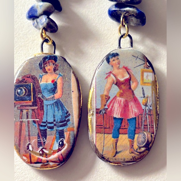 Earrings NWOT Artisan Naughty Victorian Ladies Ceramic Sodalite stone 3” pierced - Picture 4 of 11